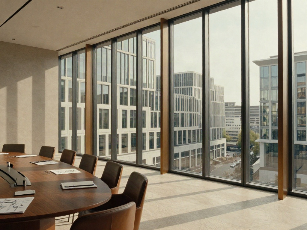 Sunlit executive boardroom with a walnut conference table overlooking a modern Dutch business district