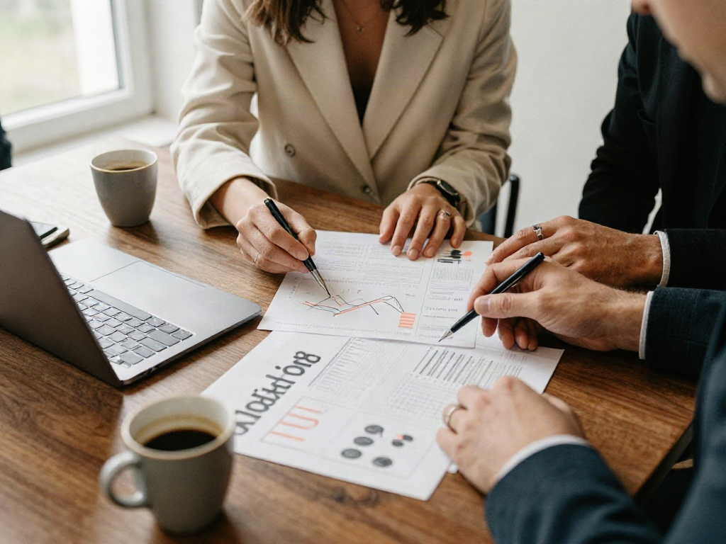 Consultants collaboratively reviewing performance charts and strategy reports at a meeting table